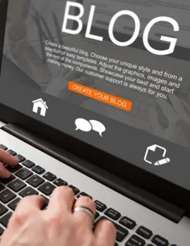 A person starts a blog by typing on a laptop implies the need for a blog writing service provider.