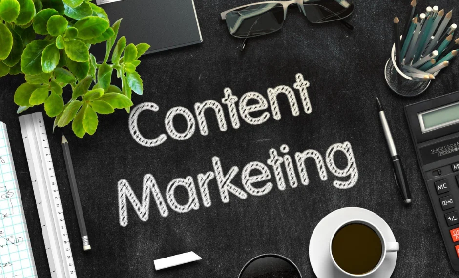 A laptop displays a content marketing strategy. Boost business with effective content marketing.