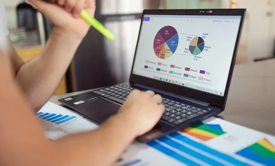 A person using a laptop in front of him to shows a pie chart its describes about infographic content