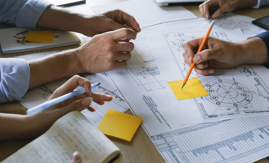 A group of people collaborating on a project at a table with pencils and paper all around them.